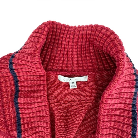 CAbi Joy Open Front Sweater Knit Cardigan Red W/ Navy Blue Accent - Picture 4 of 9